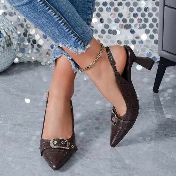 Burgundy Women Slingback Kitten Heels Pointed Toe Pumps Shoes with Buckle Strap - Picture 4 of 8